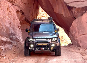 Land Rover Defender off-road on Long Canyon trail in Moab Utah